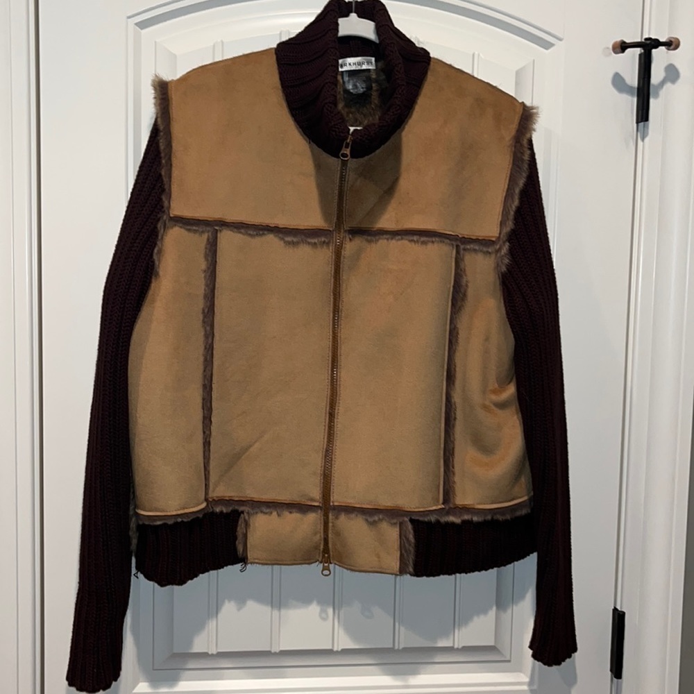 Parkhurst tan brown suede leather faux fur
full zip sweater jacket cabin core XL